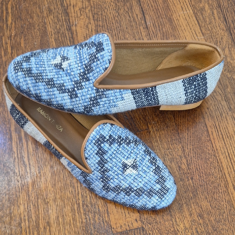 Ramon Tenza Woven Blue and White Loafers Flats Leather